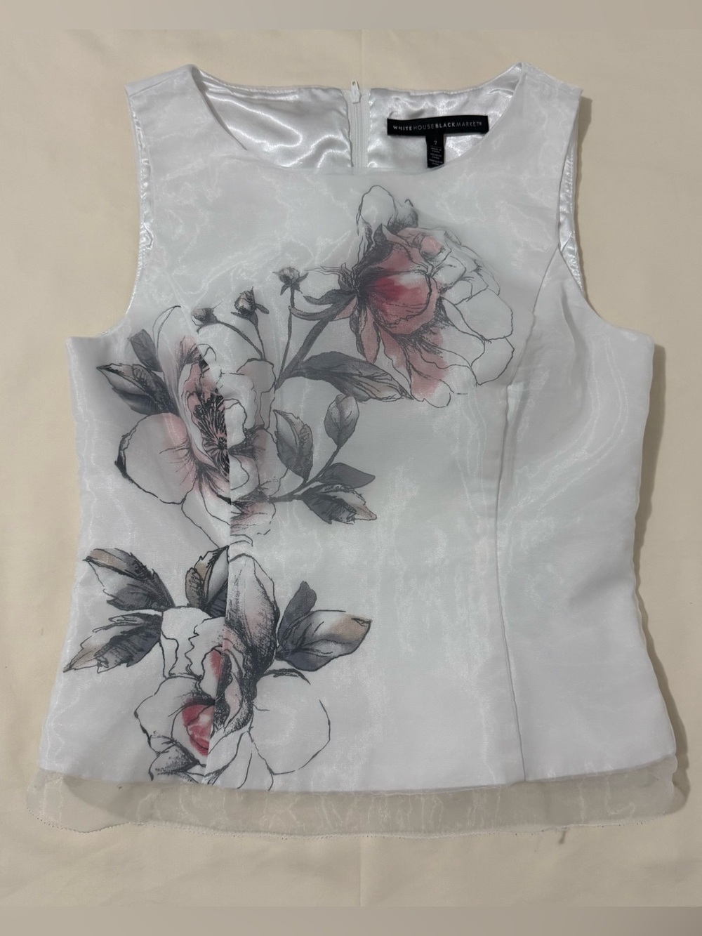 White House Black Market White Floral Organza Shell with Pink Accents Sz 2